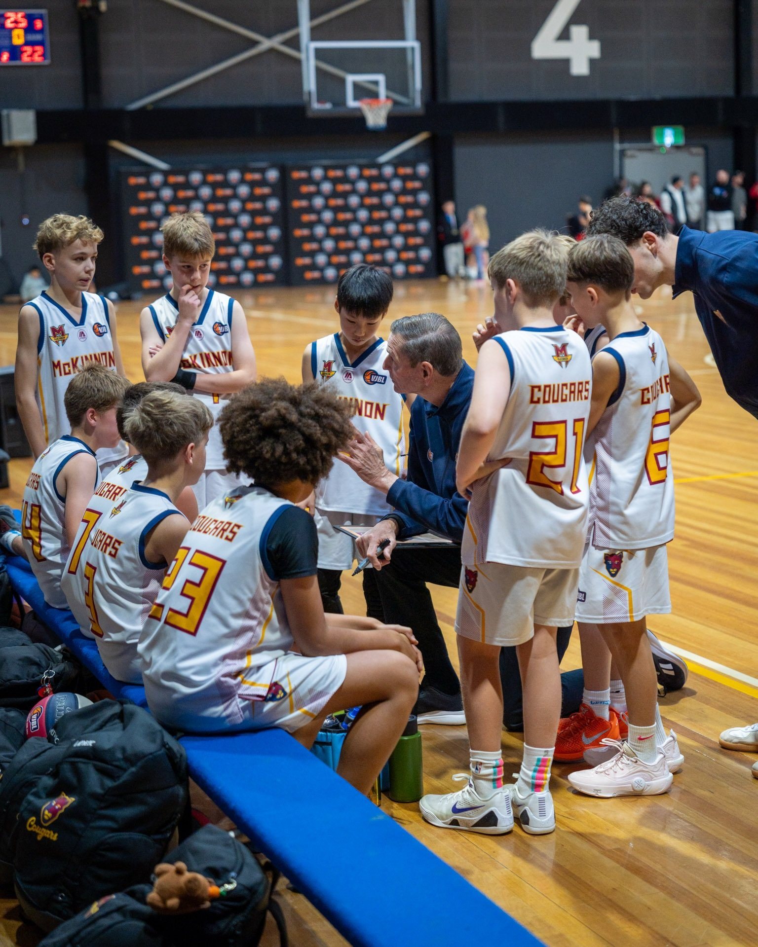 Junior Cougars in a huddle with their coach